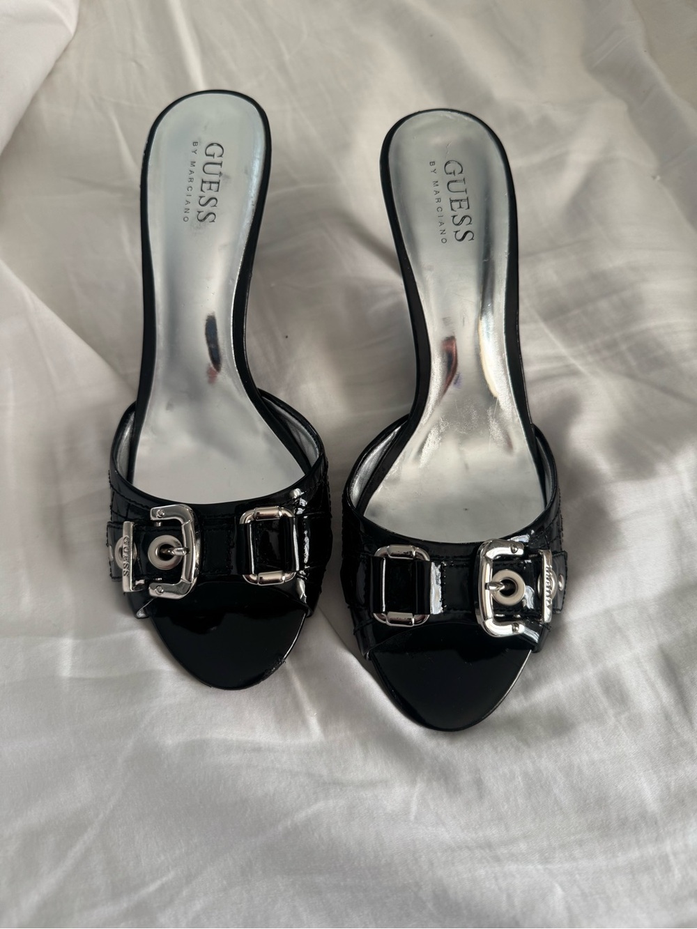 Guess by Marciano Black Patent Open-Toe Heels with Silver Buckles